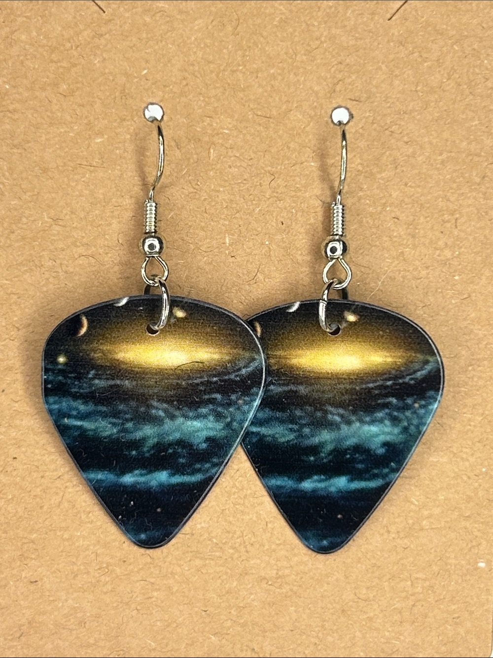 Handcrafted Blue and Gold Space Guitar Pick Drop Earrings Women Fashion Jewelry
